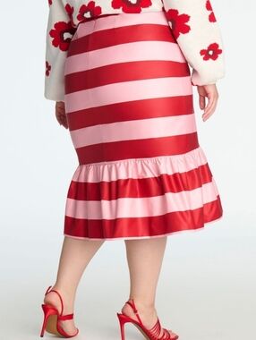Eloquii x Kate Spade Striped Pink & Red Flounce Midi Skirt